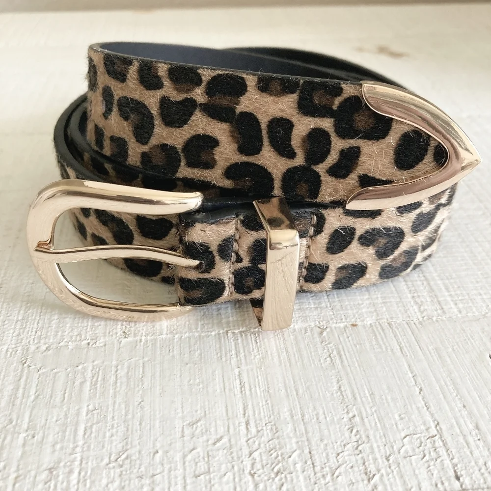 Leopard Faux Calf Hair Belt Gold Buckle Animal Print XL/ 1X Casual